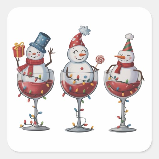 Christmas Wine Snowmen Holiday Spirits Xmas Quadratischer Aufkleber (Vorderseite)