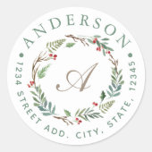 Christmas Winter Berries Wreath Monogram-Adresse Runder Aufkleber (Vorderseite)