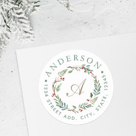 Christmas Winter Berries Wreath Monogram-Adresse Runder Aufkleber