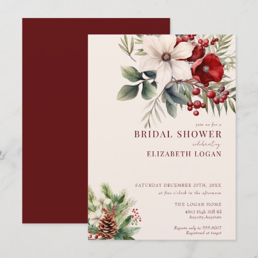 Christmas Winter Floral | Red Bridal Shower Einladung (Vorne/Hinten)
