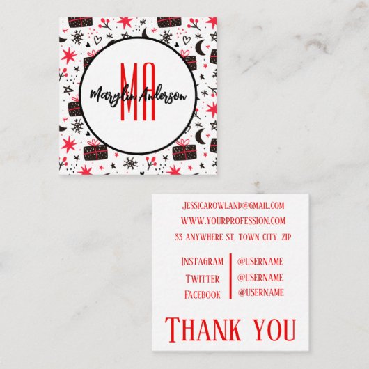 CHRISTMAS WINTER GIFTS AND SNOWFLAKES MONOGRAM QUADRATISCHE VISITENKARTE (Vorne/Hinten)