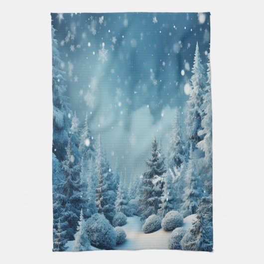 Christmas Winter Pine Tree Forest Snowing Geschirrtuch (Vertikal)