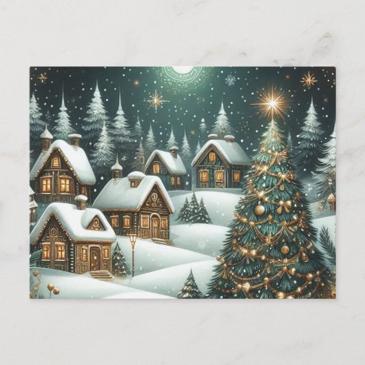 Christmas winter scene village & starry night postkarte (Vorderseite)