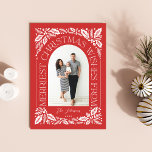 Christmas Wishes Berry Arch Red 3 Photo Collage Feiertagskarte<br><div class="desc">A unique and modern holiday card featuring an arch photo shape with modern styled typography that curves elegantly around your photo, and original hand-drawn winter foliage artwork. The back features a matching pattern and a 3 photo collages you can share more of your favorite photos. Easily personalize the front and...</div>