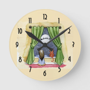 Christmas Wishes Child & Kitty Cat Xmas Runde Wanduhr