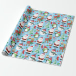 Christmas Wonderland Geschenkpapier<br><div class="desc">Ein lustiges,  blauer und farbenfroher Cartoon-Muster von Weihnachtsmann,  Rentier,  Pinguinen und Schneemann.</div>