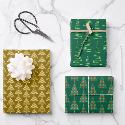 Christmas Wrapping Papers – Golden & Green Trees Geschenkpapier Set (Vorderseite)