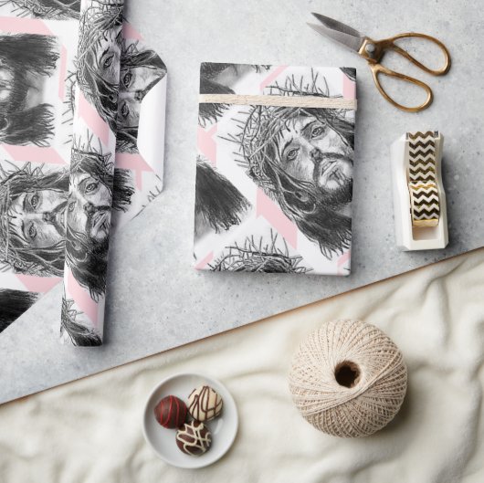Christmas Wrapping Pink &White Stripe Jesus Christ Geschenkpapier (Kunsthandwerk)
