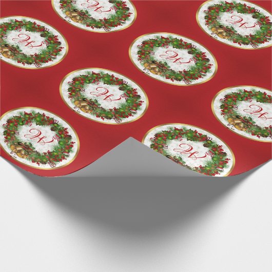 Christmas Wreath Bells Holly Pine Monogram Geschenkpapier (Ecke)