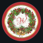 Christmas Wreath Bells Holly Pine Monogram Runder Aufkleber<br><div class="desc">Mit Monogramm Weihnachtsaufkleber mit den Bildern von grünen heiligen Blätter,  roten Beeren,  goldenen Glocken und Kiefernzwiebeln.</div>