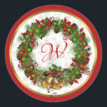 Christmas Wreath Bells Holly Pine Monogram Runder Aufkleber<br><div class="desc">Mit Monogramm Weihnachtsaufkleber mit den Bildern von grünen heiligen Blätter,  roten Beeren,  goldenen Glocken und Kiefernzwiebeln.</div>