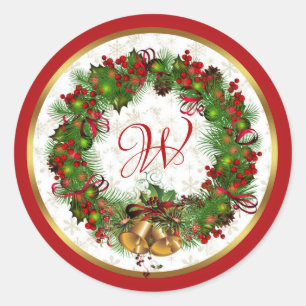 Christmas Wreath Bells Holly Pine Monogram Runder Aufkleber
