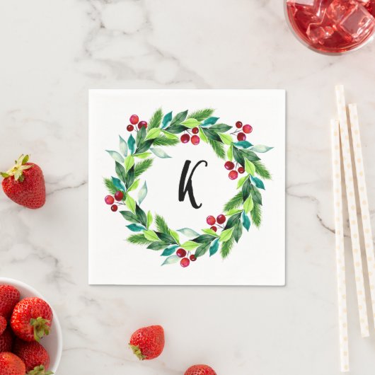 Christmas Wreath Berries Monogram Serviette (Beispiel)