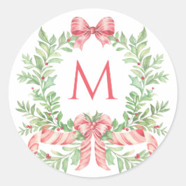 Christmas Wreath Candy Cane Bow | Monogram Runder Aufkleber
