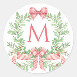 Christmas Wreath Candy Cane Bow | Monogram  Runder Aufkleber