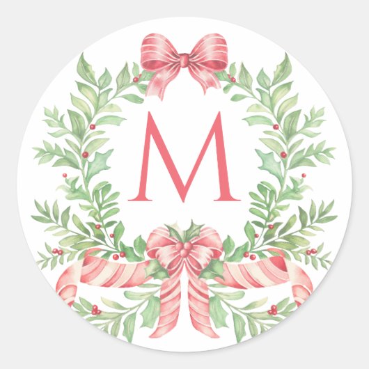 Christmas Wreath Candy Cane Bow | Monogram Runder Aufkleber (Vorderseite)