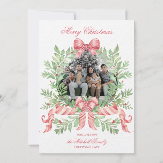 Christmas Wreath Candy Cane Bow | Photo Card Save The Date (Vorderseite)