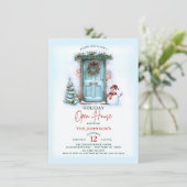 Christmas Wreath Holiday Open House Party Snowman Einladung (Stehend Vorderseite)