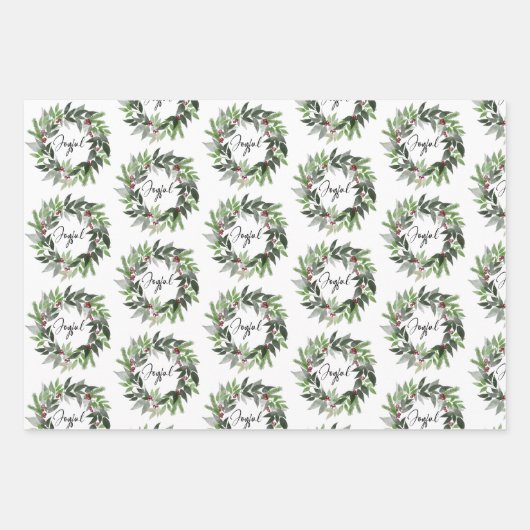 Christmas Wreath Joyful Script Red Green Holiday Geschenkpapier Set (Vorderseite)