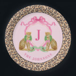 Christmas Wreath Leopard Crest Monogram  Pappteller<br><div class="desc">These Christmas plates has a preppy grandmillennial design featuring two leopards wearing Christmas wreaths with a monogram letter in the center. You can personalize with  your initial and name.</div>