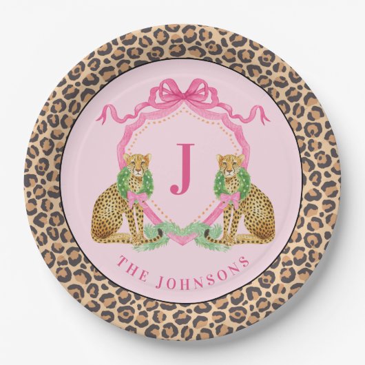 Christmas Wreath Leopard Crest Monogram Pappteller (Vorderseite)