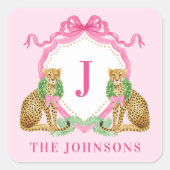 Christmas Wreath Leopard Crest Monogram Quadratischer Aufkleber (Vorderseite)