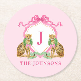 Christmas Wreath Leopard Crest Monogram  Runder Pappuntersetzer