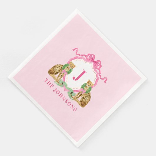 Christmas Wreath Leopard Crest Monogram Serviette (Ecke)