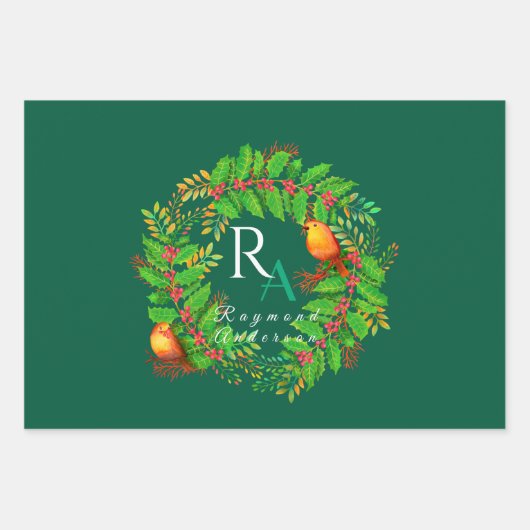 Christmas Wreath Monogram Hunter Green Geschenkpapier Set (Vorderseite)
