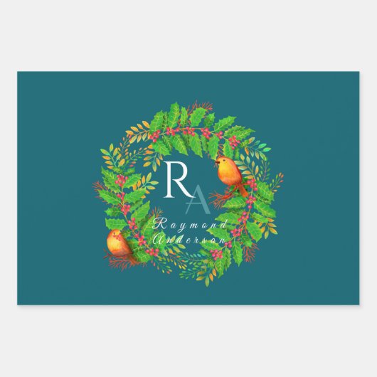 Christmas Wreath Monogram Ocean Blue Geschenkpapier Set (Vorderseite 2)