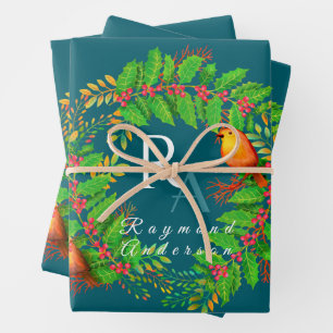 Christmas Wreath Monogram Ocean Blue Geschenkpapier Set