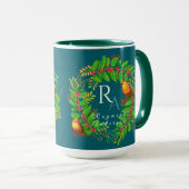 Christmas Wreath Monogram Ocean Blue Tasse (VorderseiteRechts)