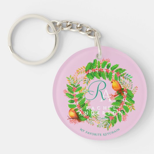 Christmas Wreath Monogram Pink Schlüsselanhänger (Vorderseite)