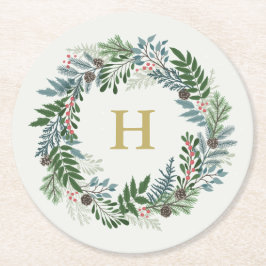 Christmas Wreath Monogram Runder Pappuntersetzer