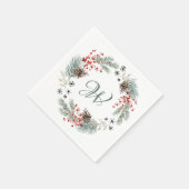 Christmas Wreath Pine Berry Snowflakes Monogram Serviette (Ecke)