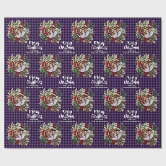 Christmas Wreath Plaids Family Photo Personalized Geschenkpapier (Flach)