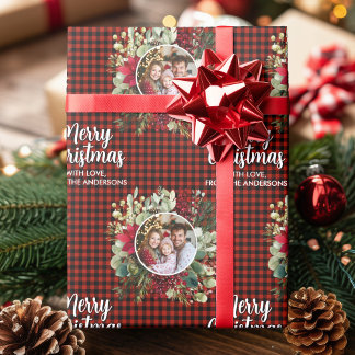 Christmas Wreath Plaids Family Photo Personalized Geschenkpapier