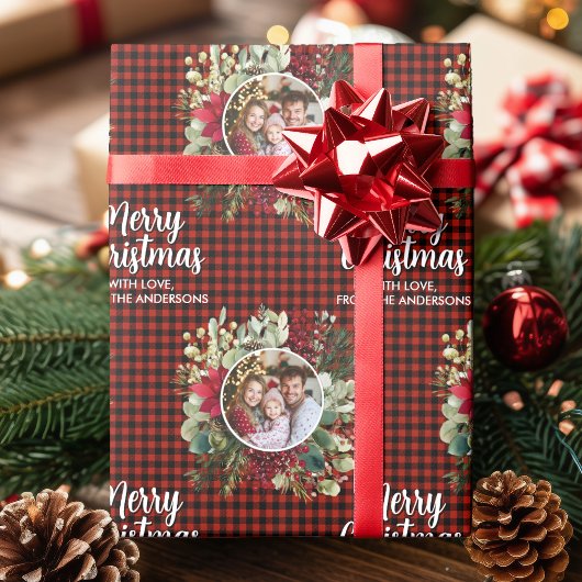 Christmas Wreath Plaids Family Photo Personalized Geschenkpapier