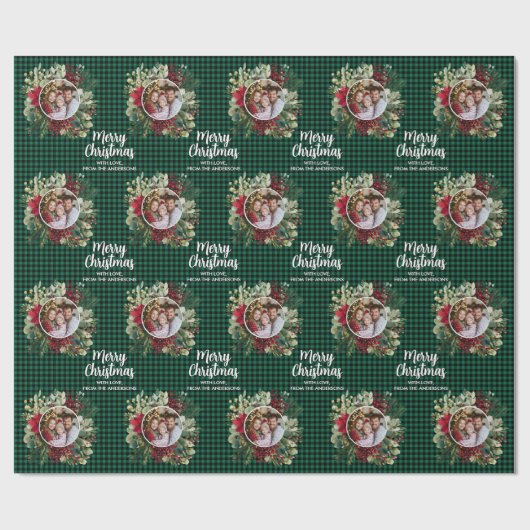 Christmas Wreath Plaids Family Photo Personalized Geschenkpapier (Flach)