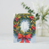 Christmas Wreath Red Bow Feiertagspostkarte (Stehend Vorderseite)