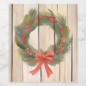 Christmas Wreath Red Bow | Hübscher Pinienwald Weinetikett (Einzelnes Label)