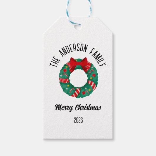 Christmas Wreath Red Bow Lights Personalized Name Geschenkanhänger (Vorderseite)