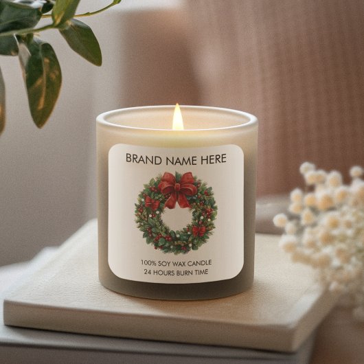 Christmas Wreath Red Bow | Modern Candle Labels Quadratischer Aufkleber