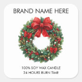 Christmas Wreath Red Bow | Modern Candle Labels Quadratischer Aufkleber (Vorderseite)