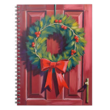 Christmas Wreath Red Door Watercolor Holiday