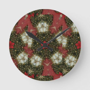 Christmas Wreath Red Green Gold with Red Star Runde Wanduhr