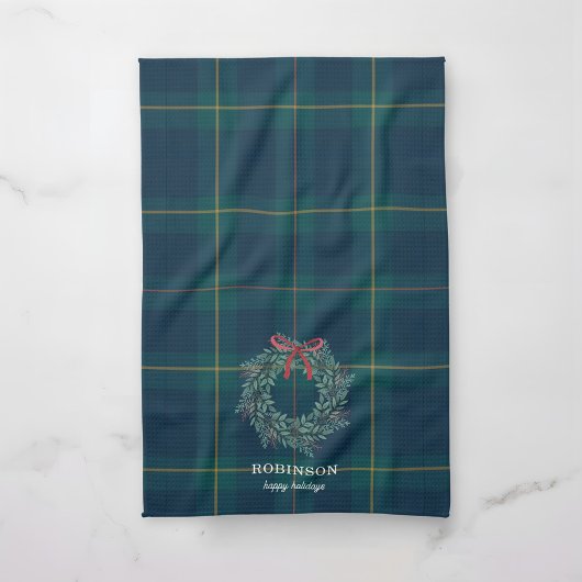 Christmas Wreath Tartan Plaid Family Name Geschirrtuch