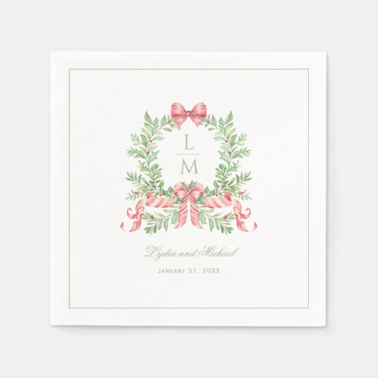Christmas Wreath w Candy Cane Bow | Monogramm Serviette (Vorderseite)