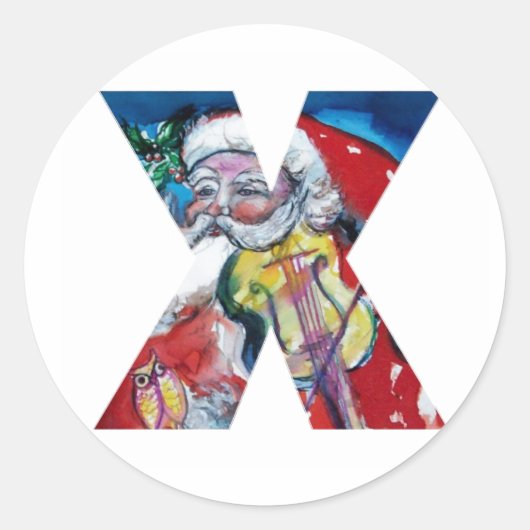 CHRISTMAS X SCHREIBEN / SANTA MIT VIOLIN MONOGRAM RUNDER AUFKLEBER (Vorderseite)