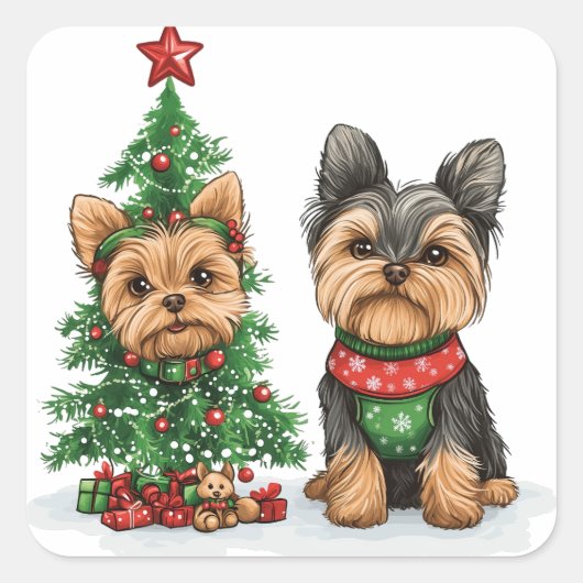 Christmas Yorkie Dogs Quadratischer Aufkleber (Vorderseite)